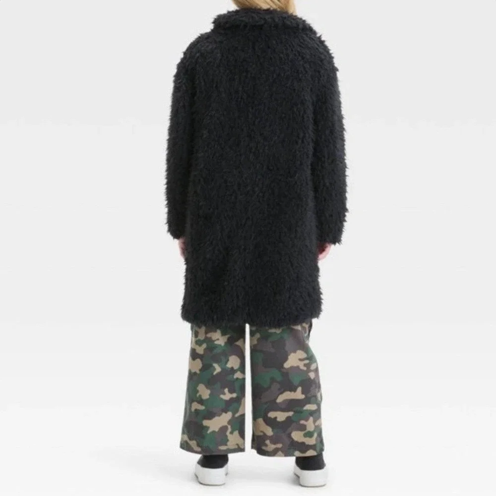 Art Class Kids Black Shaggy Faux Fur Notched‎ Lapel Mid Length Coat Size S 6/7